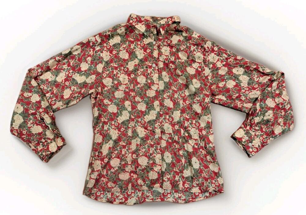 Vintage 90s Eddie Bauer Floral Shirt Womens Tall Medium Red Green Cotton Button